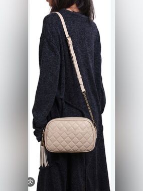 Lola Mae Quilted Crossbody Bag with Tassel in Beige
